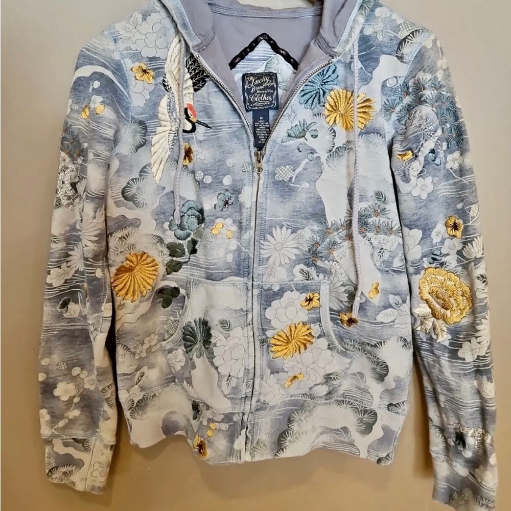 ♥️SOLD♥️♥️♥️*LUCKY BRAND Y2K Sweatshirt Hoodie RAISED ASIAN EMBROIDERY CRANES*S